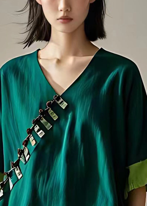 French Green V Neck Patchwork Cotton Shirts Half Sleeve