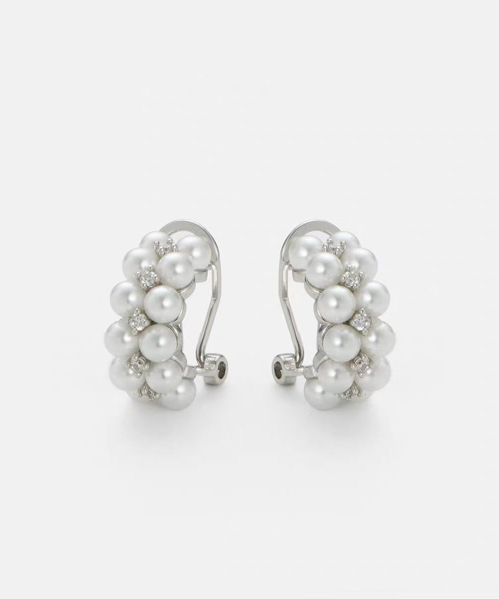 White Sterling Silver Zircon Double-layer Pearl Hoop Earrings