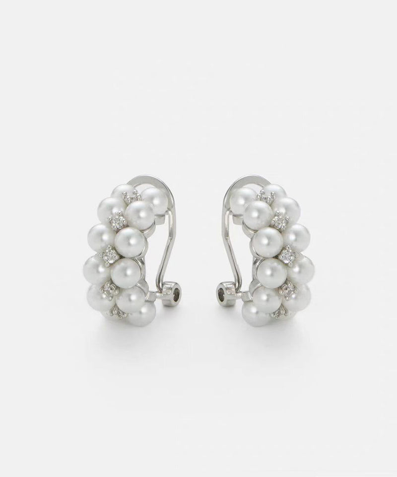 White Sterling Silver Zircon Double-layer Pearl Hoop Earrings