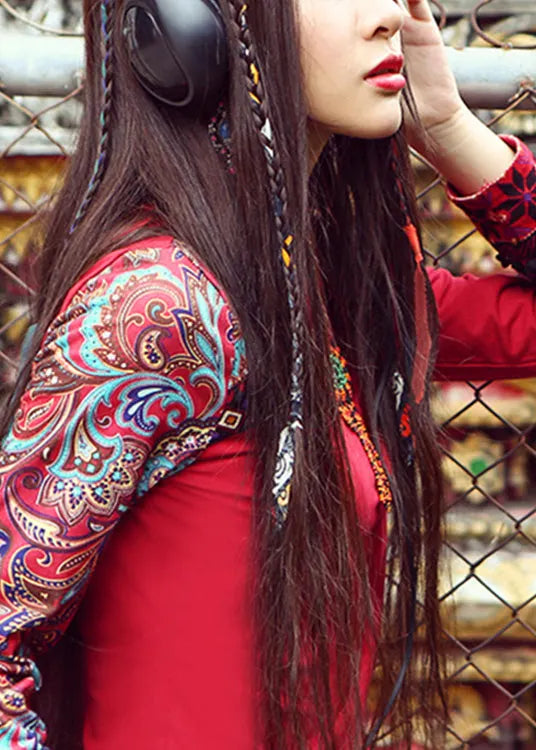 Red Turtleneck Print Cotton Tops Spring