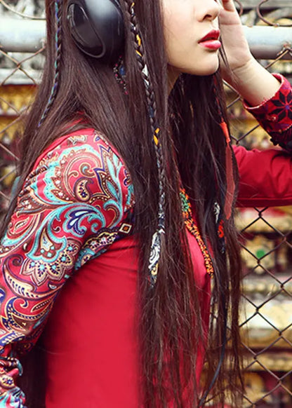 Red Turtleneck Print Cotton Tops Spring
