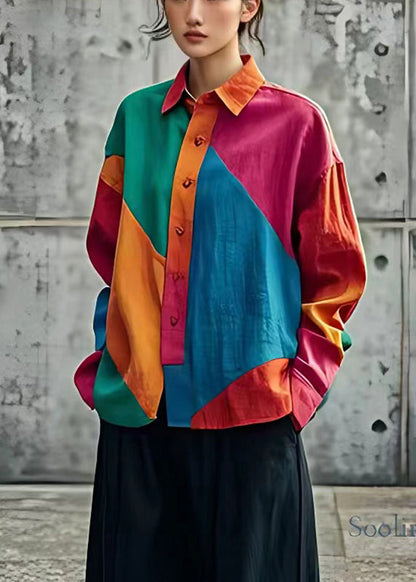 Colorblock Oversized Patchwork Linen Top Spring