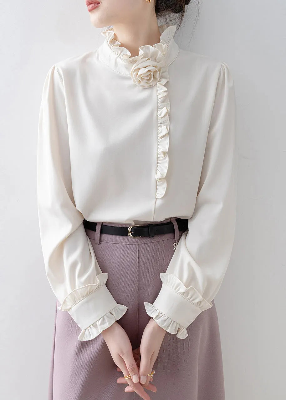 Classy White Ruffled Chiffon Shirt Top Spring