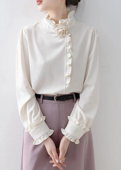 Classy White Ruffled Chiffon Shirt Top Spring