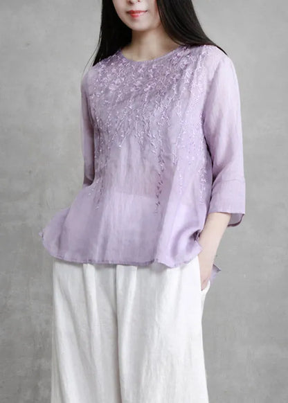 Boutique Violet O-neck Embroideried Linen Shirts Long Sleeve