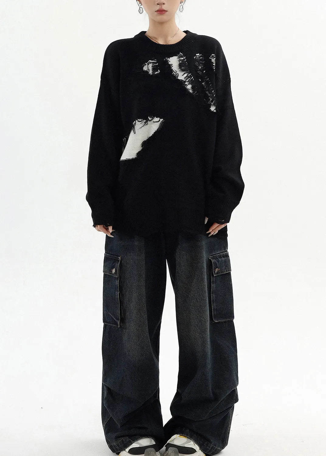 Classy Black Oversized Patchwork Ripped Sweater Tops Winter