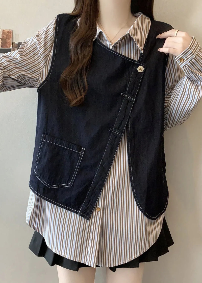Asymmetrical Striped Cotton Fake Two Piece Top Fall
