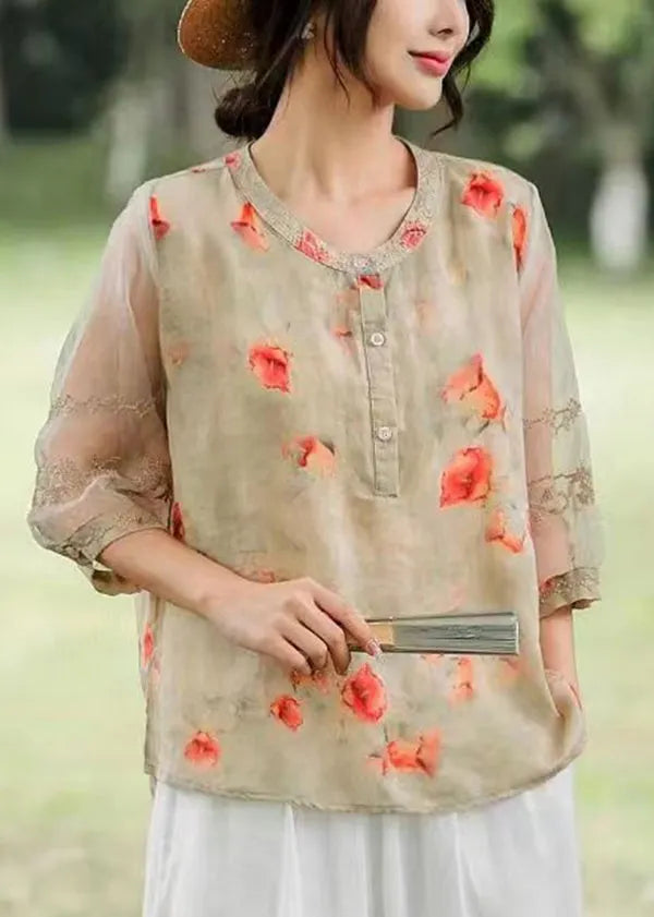 Orange Embroideried Print Linen Shirt Top Summer