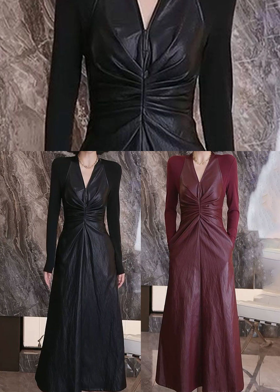 Mulberry V Neck Patchwork Faux Leather Dresses Fall
