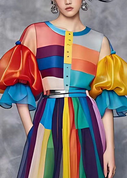 Rainbow Tie Waist Vacation Chiffon Long Dresses Summer