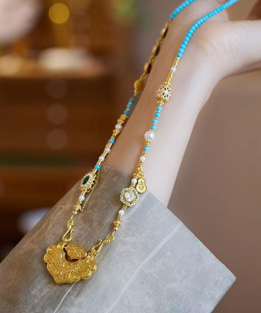 Diy Gold Sterling Silver Overgild Turquoise Pearl Inlaid Gem Stone Pendant Necklace