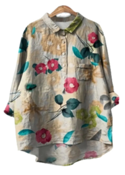 Beige Oversized Print Cotton Shirt Top Spring