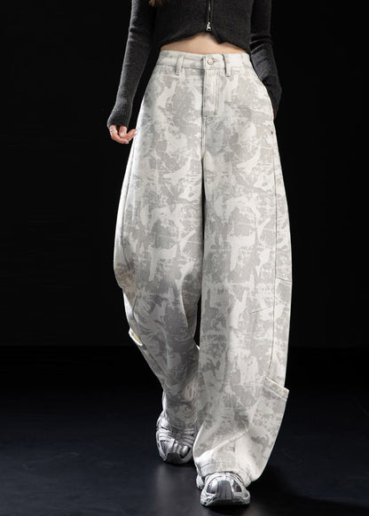 Italian White Tie Dye Patchwork Pockets Warm Fleece Pants Spring