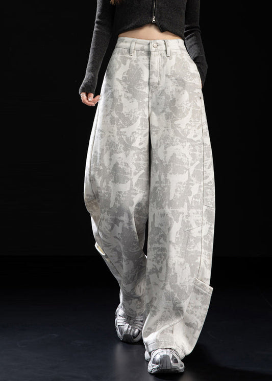 Italian White Tie Dye Patchwork Pockets Warm Fleece Pants Spring