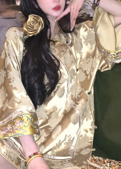 Jacquard Yellow V Neck Embroidered Button Silk Coats Spring