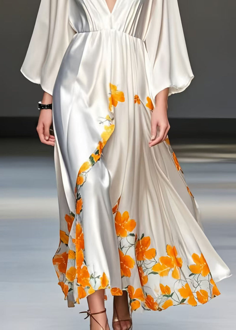 White Print Draping Silk Vacation Dresses V Neck Spring