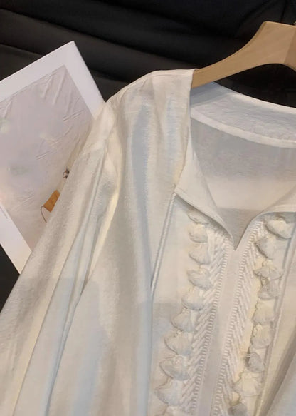 Novelty White O-neck Patchwork Tassel Chiffon Shirts Fall