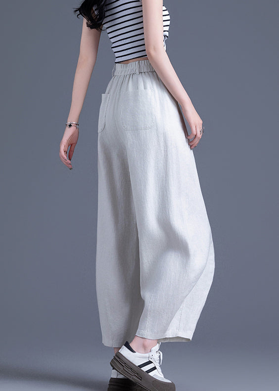 Beige Zippered Elastic Waist Linen Wide Leg Pants