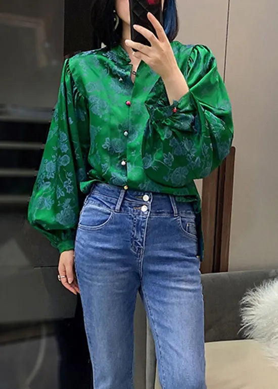 Green Stand Collar Button Jacquard Silk Shirt Lantern Sleeve