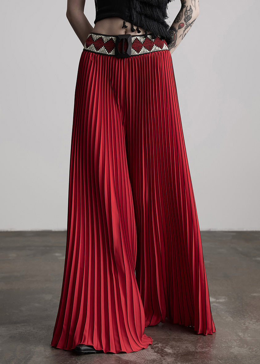 Red Waist Flower Splicing Pleated Wide Leg Pants Spring