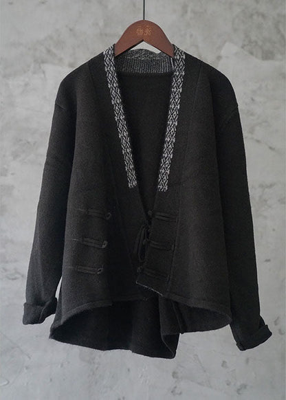 Simple Black Button Embroideried Asymmetrical Design Fall Knit Sweater