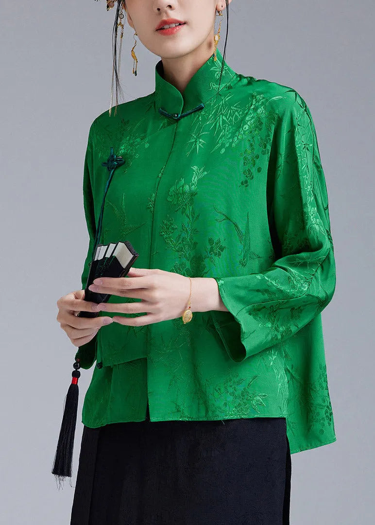 Green Stand Collar Jacquard Diagonal Button Silk Top Long Sleeve