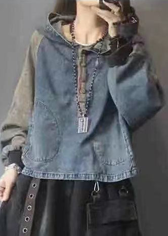 Hooded Pockets Button Fall Denim Sweatshirts