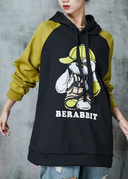 Diy Black Hooded Patchwork Warm Fleece Pullover Spring