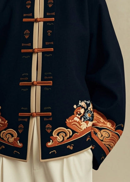 Chinese Style Navy Stand Collar Print Cotton Coats Spring