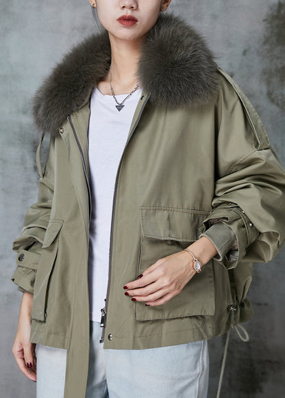 Green Fox Collar Fuzzy Rabbit Hair Lined Drawstring Coats Spring