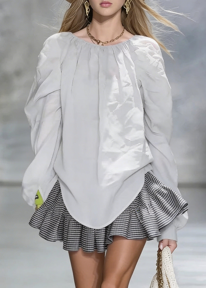 New Grey Wrinkled Cotton Shirt Tops Spring
