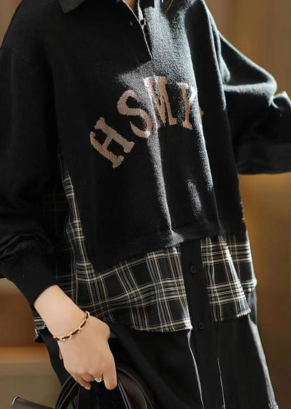 Coffee Peter Pan Collar False Two Pieces Knit Shirts Top Fall
