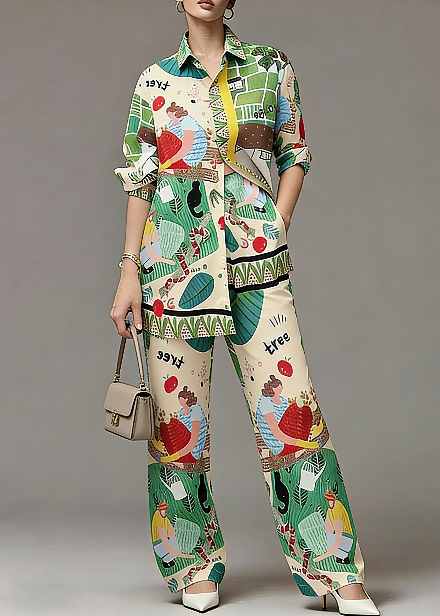 Fine Green Print Shirts and Wide Leg Pants Two Pieces Set Spring