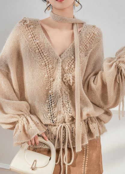 Khaki V Neck Drawstring Cozy Knit Cardigan Flare Sleeve