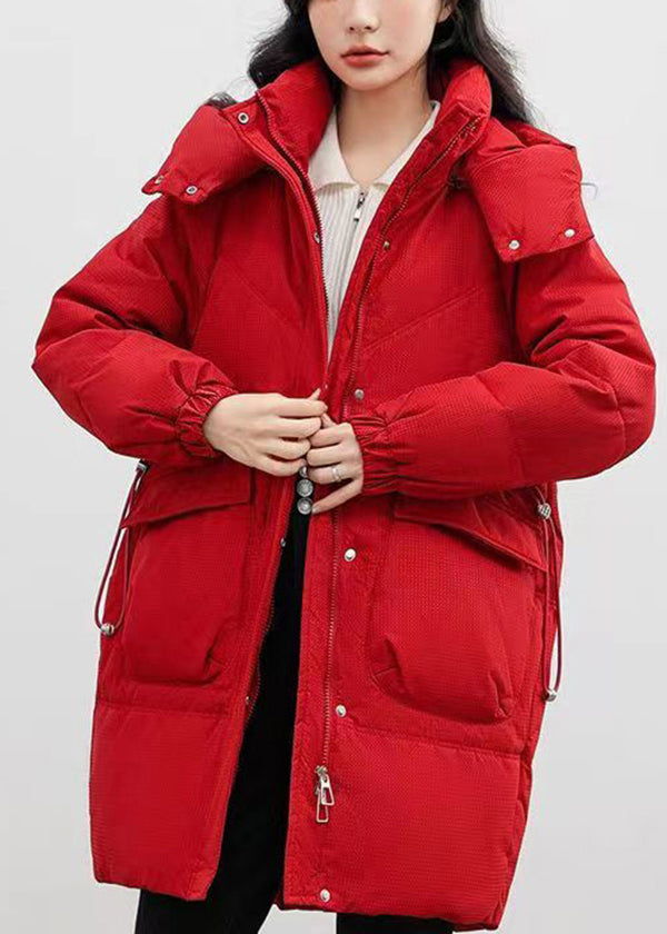 Red Hooded Pockets Fine Cotton Filled Coat Winter