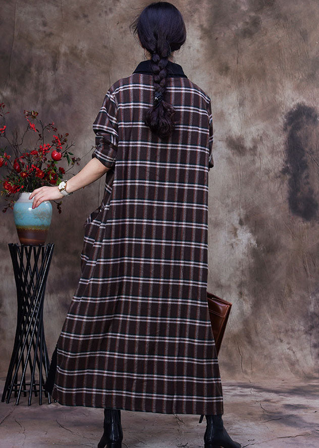 Khaki Plaid Pockets Cotton Robe Dresses Spring