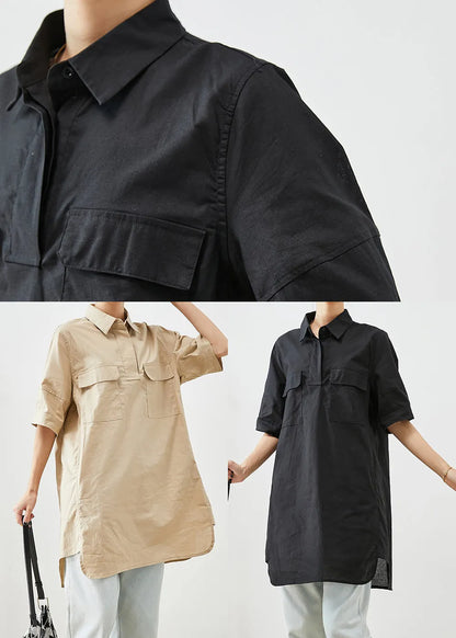 Beige Cotton Long Shirts Oversized Pockets Short Sleeve