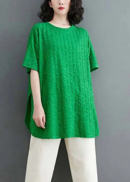 Green O-neck Wrinkled Cotton Top Short Sleeve
