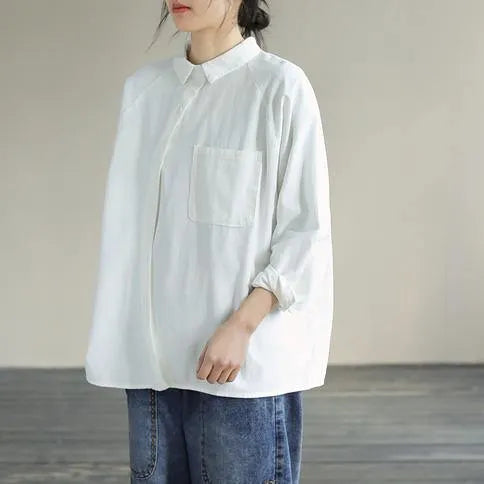Organic White Tops Blouses Lapel Pockets Loose Spring Blouses