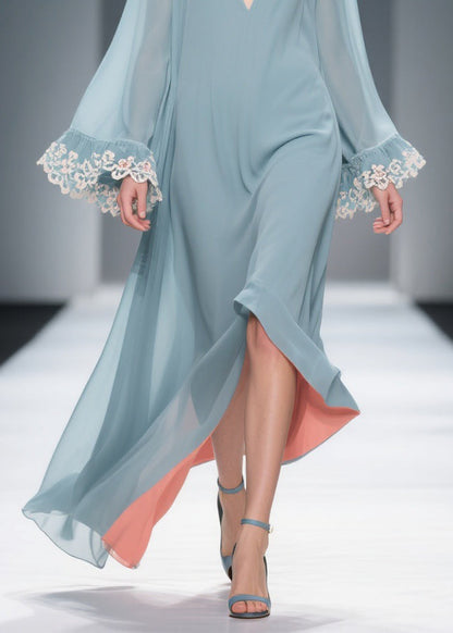 Loose Blue V Neck Chiffon Maxi Dresses Flare Sleeve