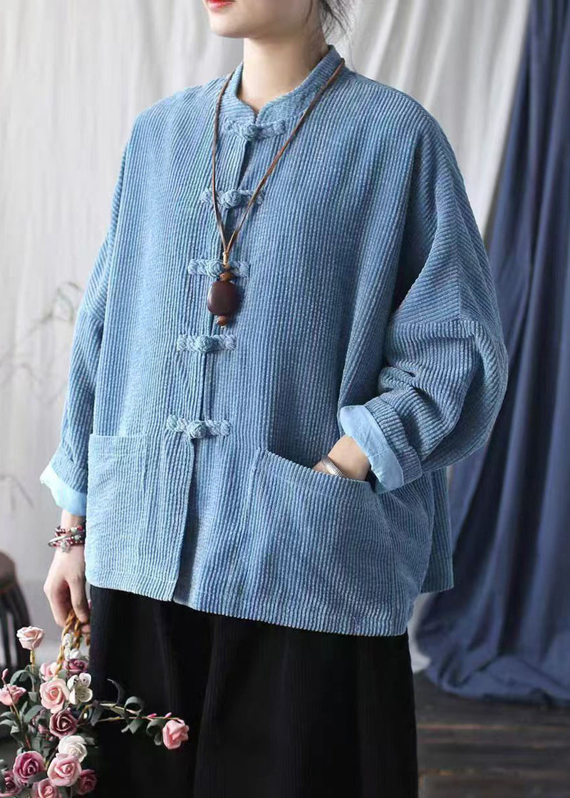 Blue Pockets Chinese Button Corduroy Jacket Spring