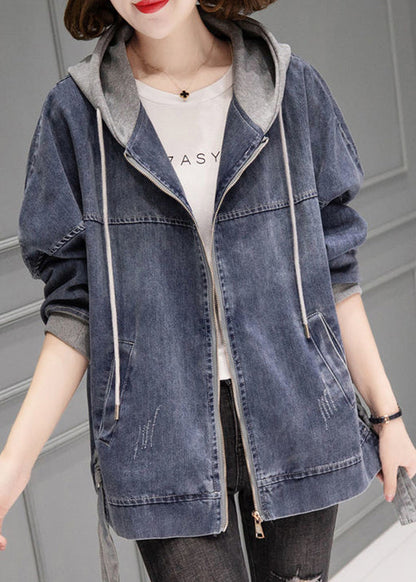 Grey Blue Patchwork Drawstring Hooded Denim Coat Fall