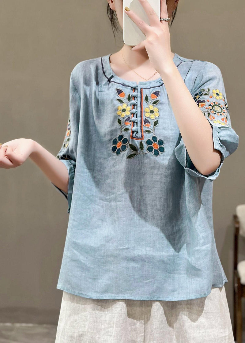 Style Rose O-neck Embroideried Linen Shirt Tops Summer