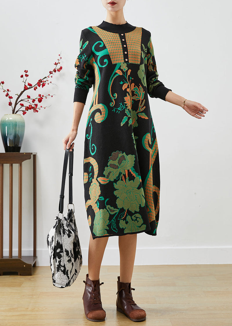 Fine Black Print Slim Fit Cotton a Line Dress Fall