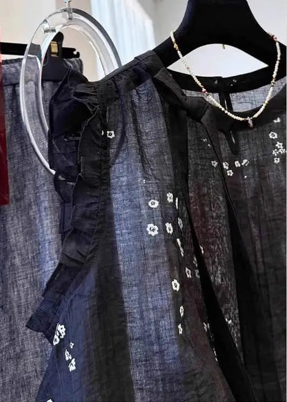 French Black Ruffled Embroidered Cotton Top Summer