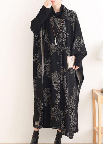 Black Print Peter Pan Collar Button Long Trench Coats