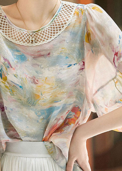 Print Hollow Out Silk Shirts Long Sleeve