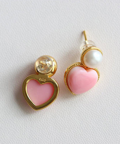 Pink Sterling Silver Overgild Love Pearl Stud Earrings