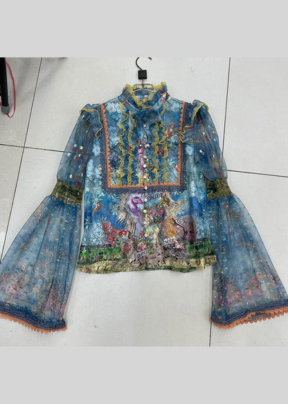 Blue Stand Collar Ruffled Chiffon Shirt Flare Sleeve