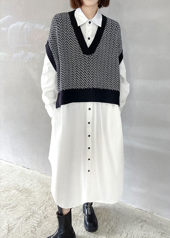 Style Black Patchwork White Button Loose Fall Dresses Long Sleeve